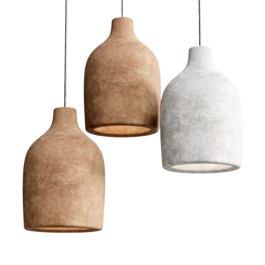 Three pendant lights in brown and gray on a white background