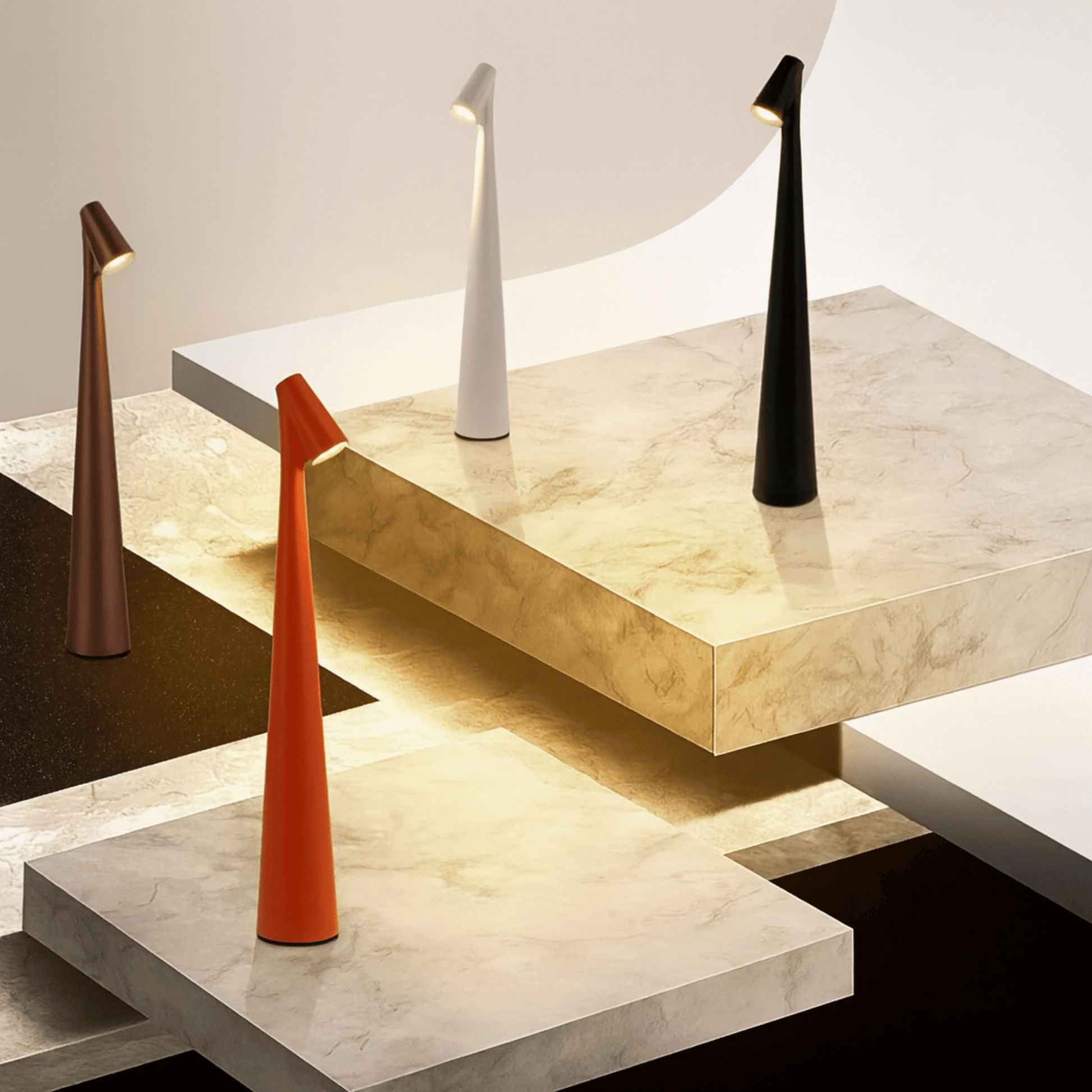Modern table lamps on a marble surface with a neutral background