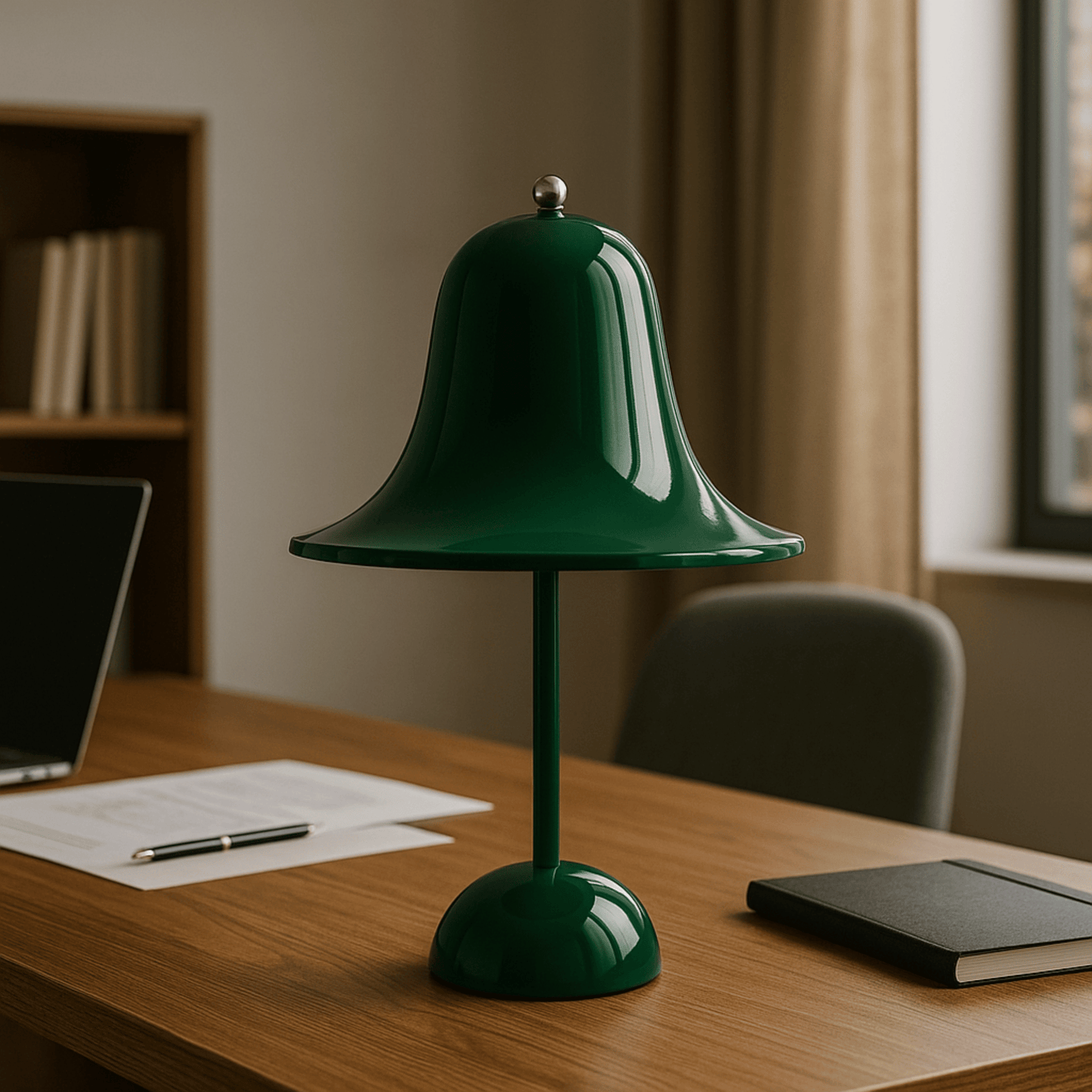 Green table lamp on a wooden desk with a laptop and notebook in a room setting.