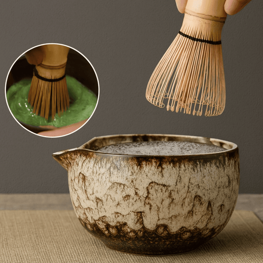 Wooden whisk being used to mix green tea in a ceramic bowl with a close-up inset.