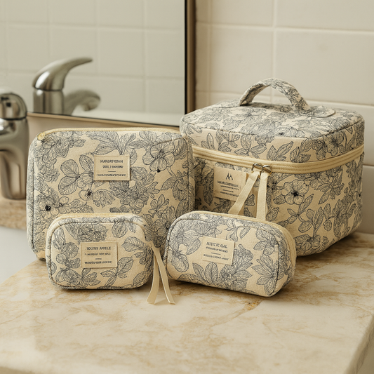 Set of floral-patterned toiletry bags on a bathroom counter