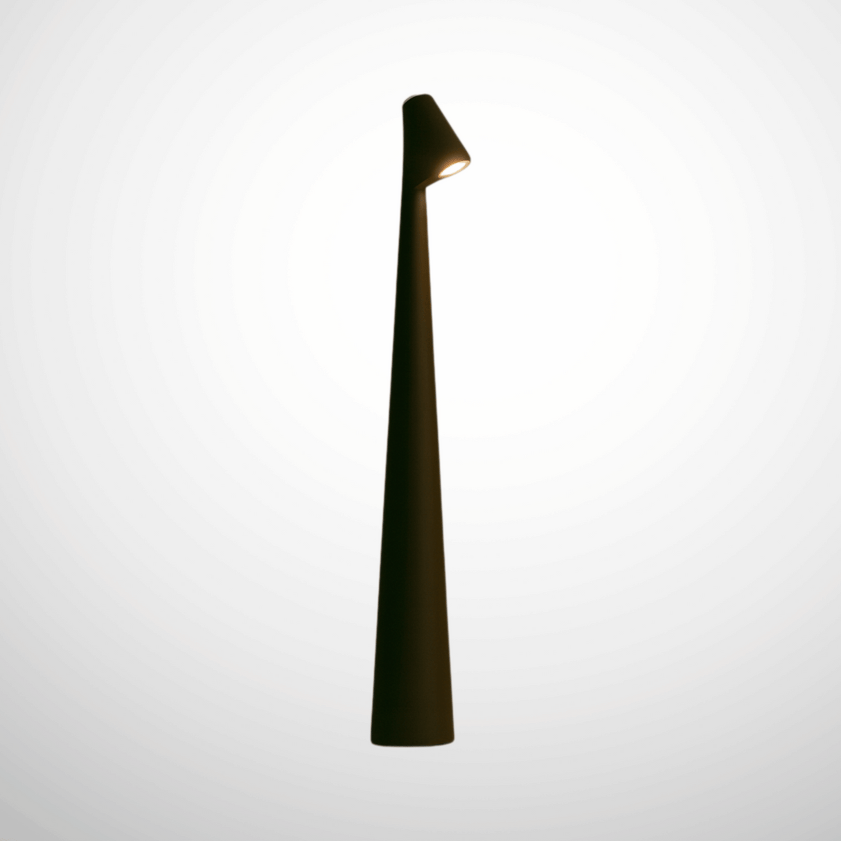 Tall, narrow outdoor lamp with a light on a white background
