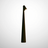 Tall, narrow outdoor lamp with a light on a white background