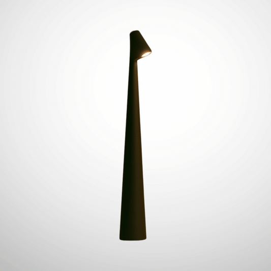 Tall, narrow outdoor lamp with a light on a white background