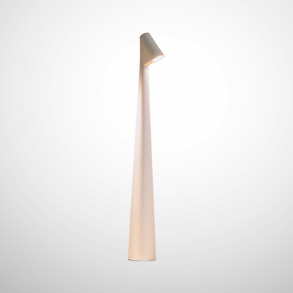 Tall, thin lamp with a cylindrical design on a light gray background