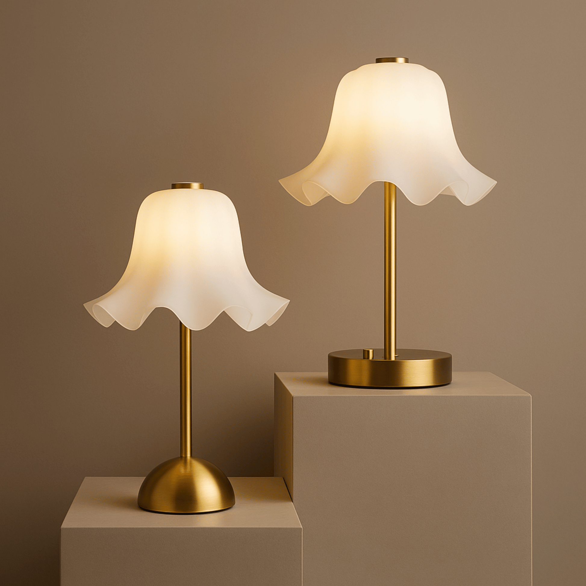 Two table lamps with white lampshades and gold bases on beige pedestals against a brown background.