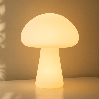 Mushroom-shaped lamp emitting a warm glow on a neutral background