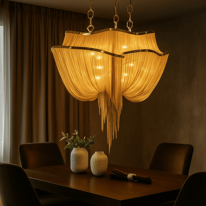 Luxurious chandelier hanging above a dining table with chairs in a dimly lit room.