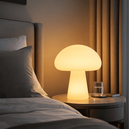 Mushroom-shaped table lamp on a nightstand next to a bed with pillows.