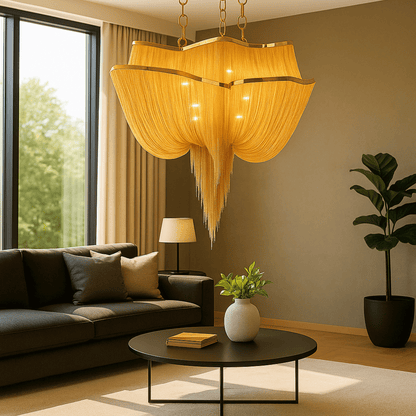 Living room with a large yellow chandelier, dark sofa, and decorative items.
