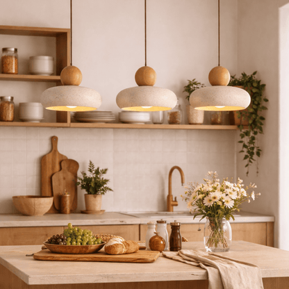 Modern kitchen with wooden shelves, pendant lights, and a countertop with food and decor.