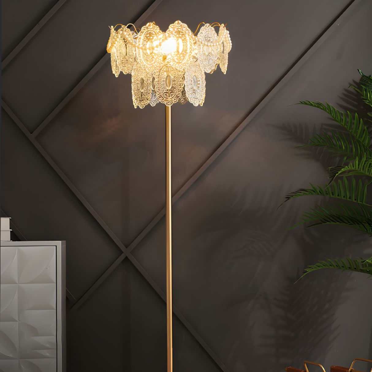 A stylish floor lamp placed near a geometric wall design, adding warmth and sophistication to the space.