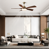 Modern living room with a ceiling fan, sofa, and decorative elements.