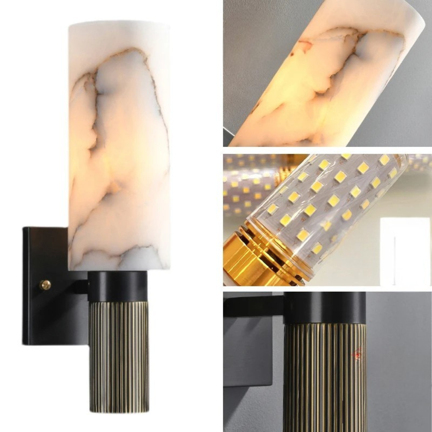 LED wall sconce with marble finish and gold detailing for living room or hallway lighting.