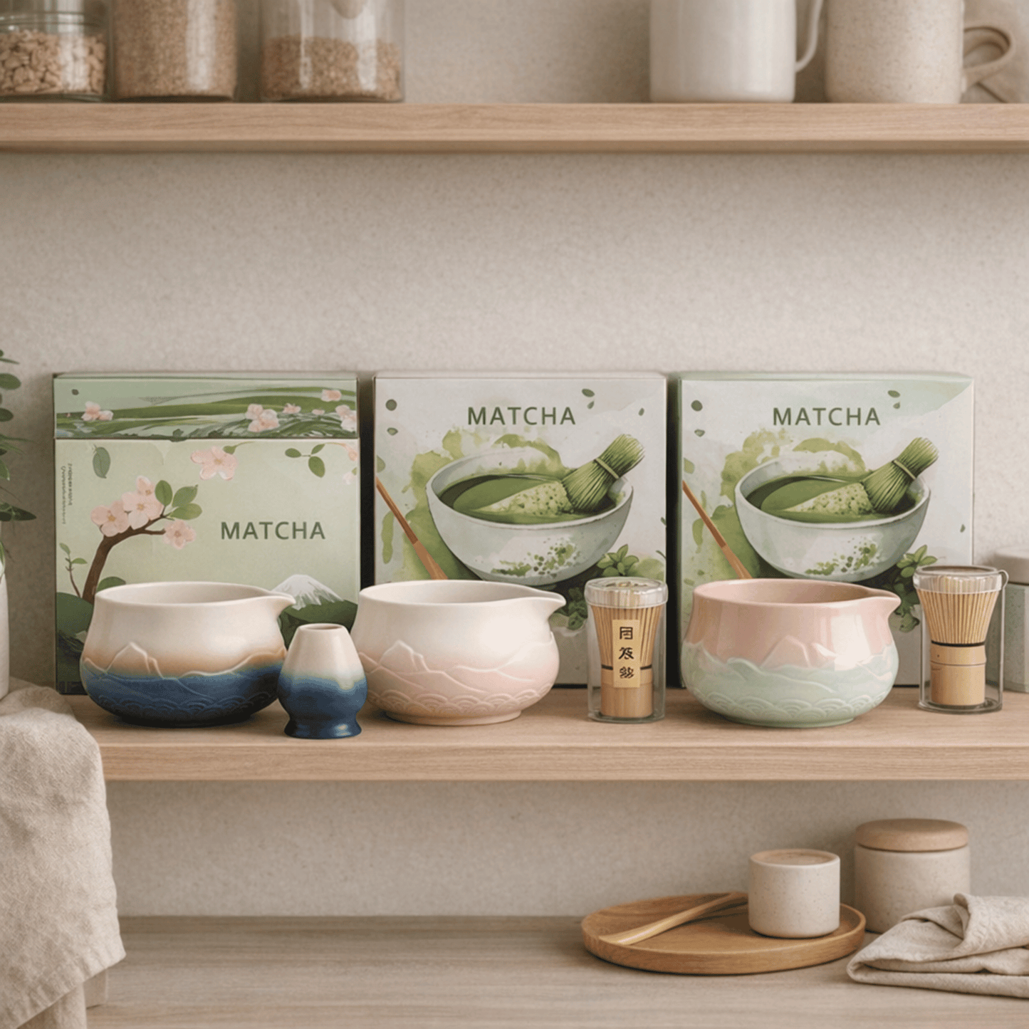 Ceramic matcha preparation set with boxes labeled 'Matcha' on a wooden shelf.