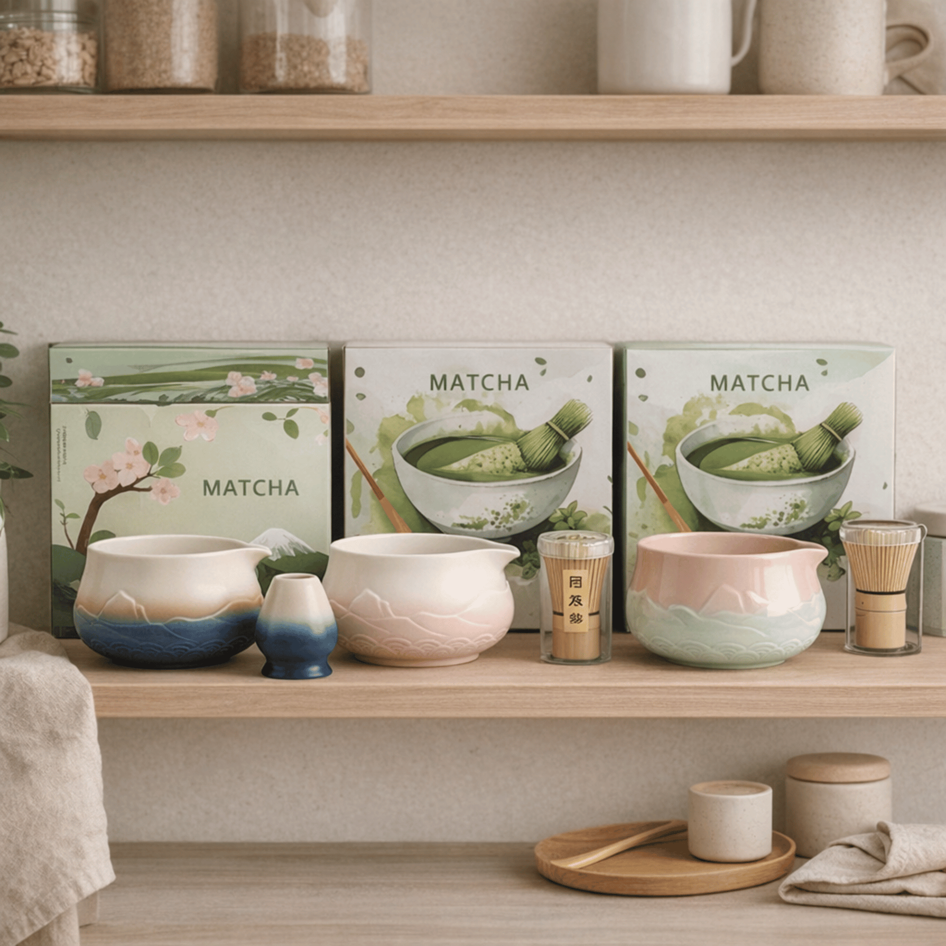 Ceramic matcha preparation set with boxes labeled 'Matcha' on a wooden shelf.