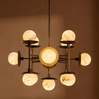 Modern chandelier with multiple light bulbs on a warm brown background