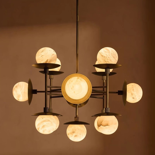 Modern chandelier with multiple light bulbs on a warm brown background