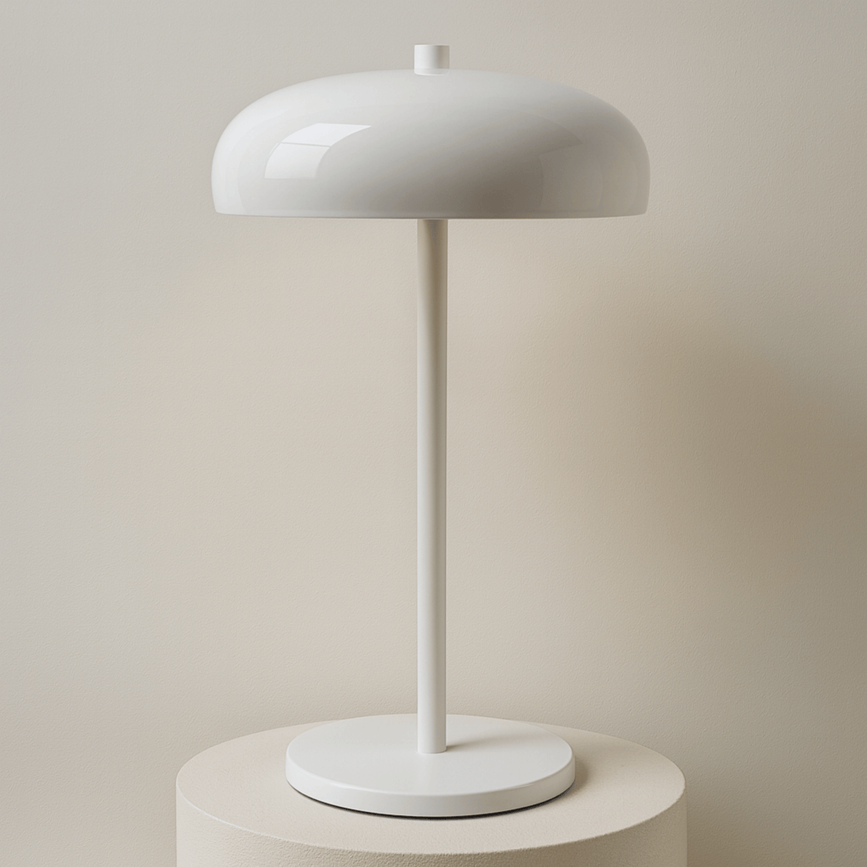 White table lamp on a stand with a beige backround