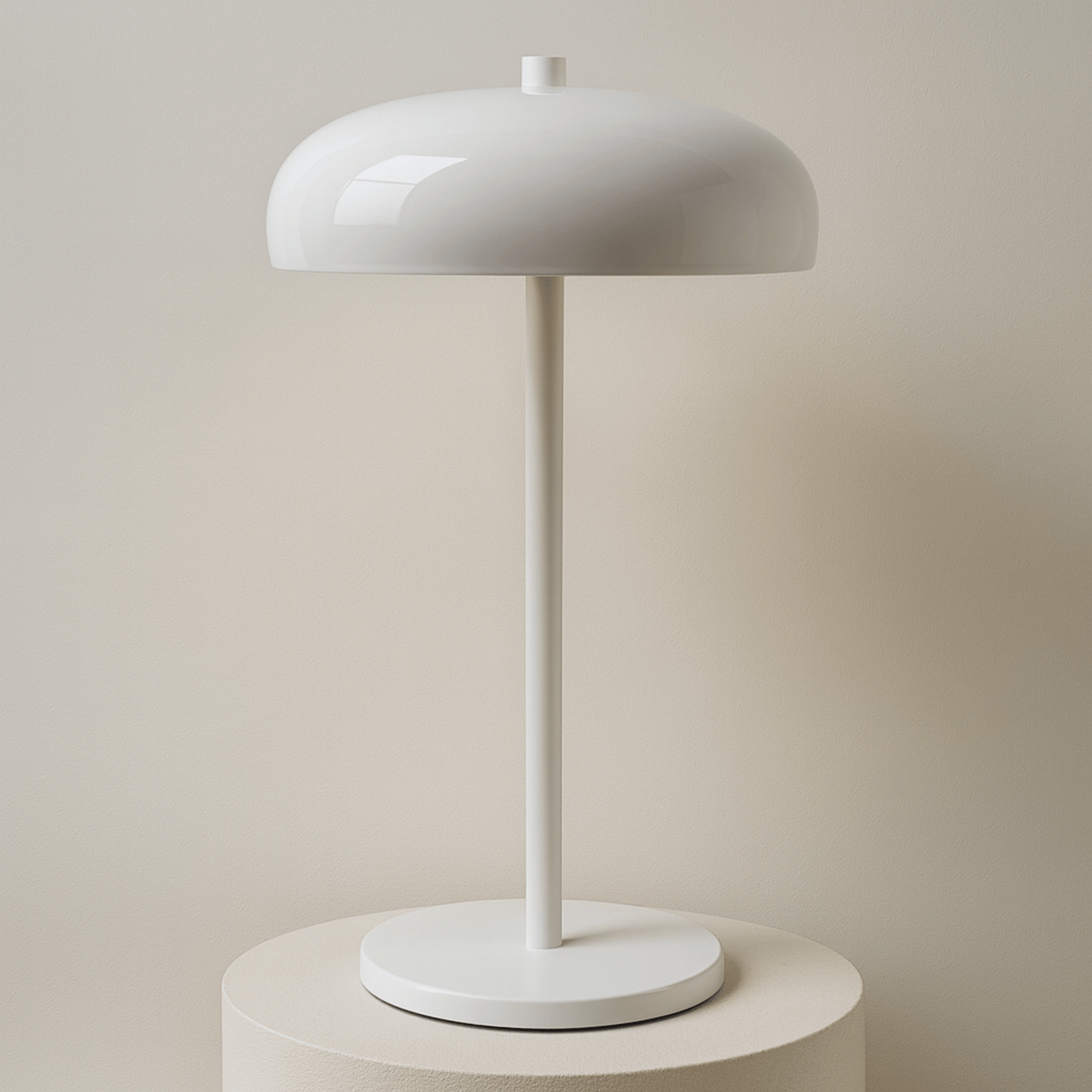 White table lamp on a stand with a beige backround
