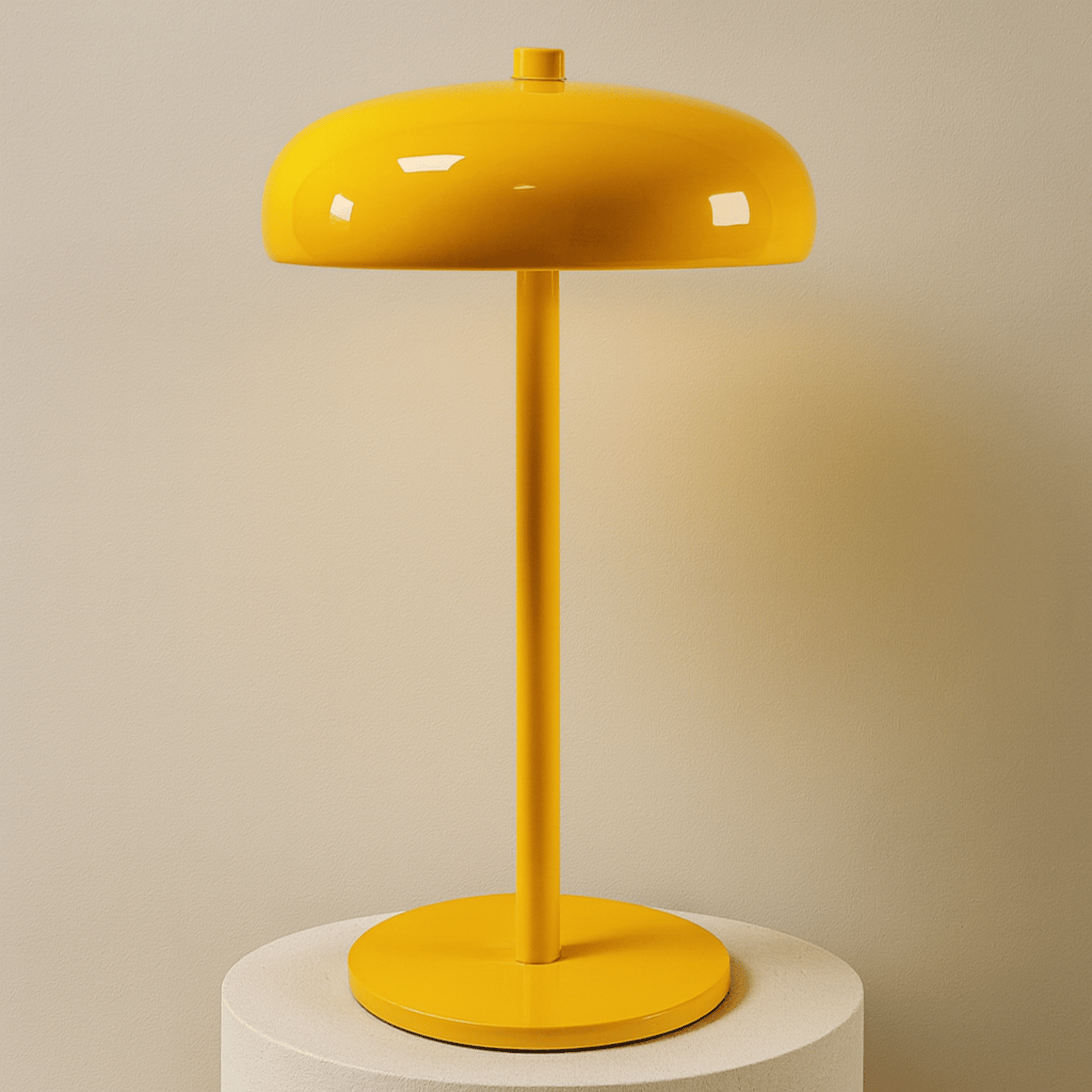 Yellow table lamp on a stand with a beige backround