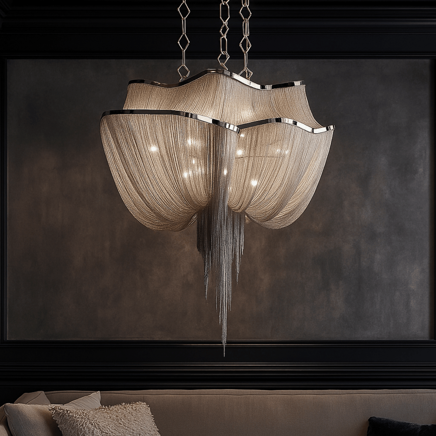 Decorative chandelier hanging above a sofa with a dark wall background