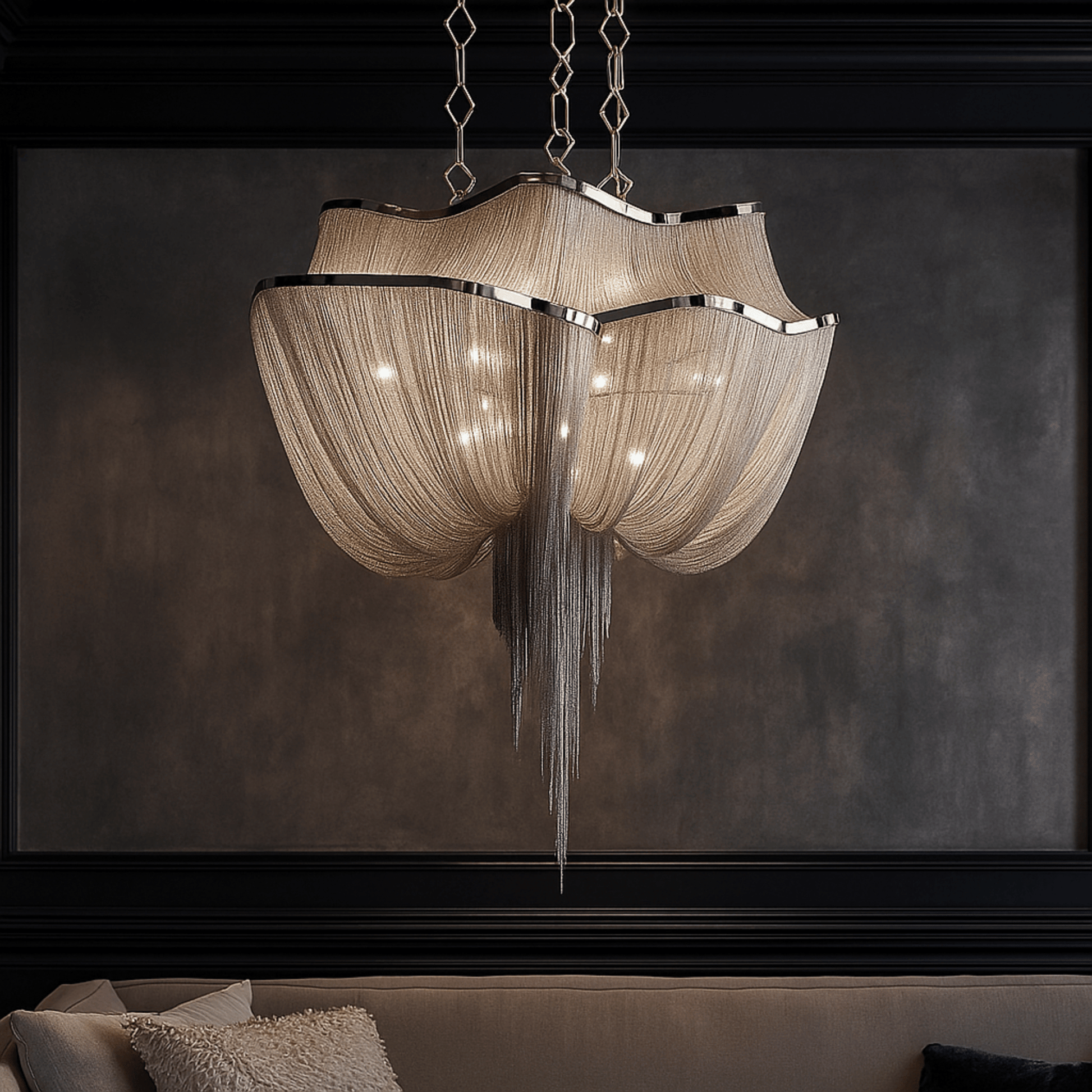Decorative chandelier hanging above a sofa with a dark wall background