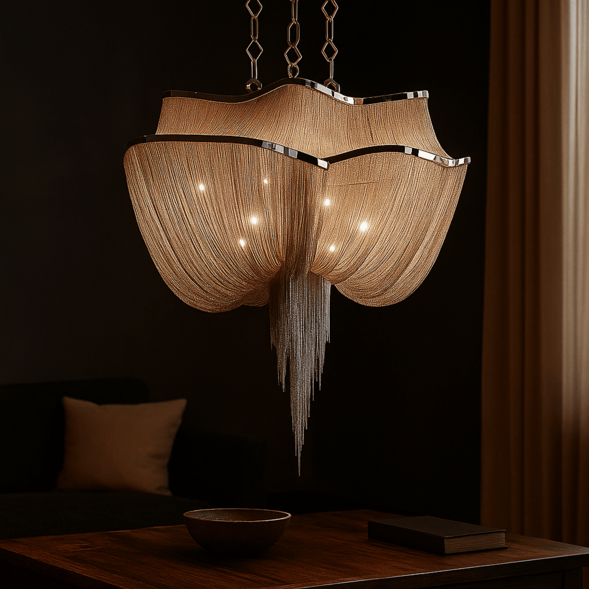 Decorative chandelier with hanging strands in a dimly lit room.