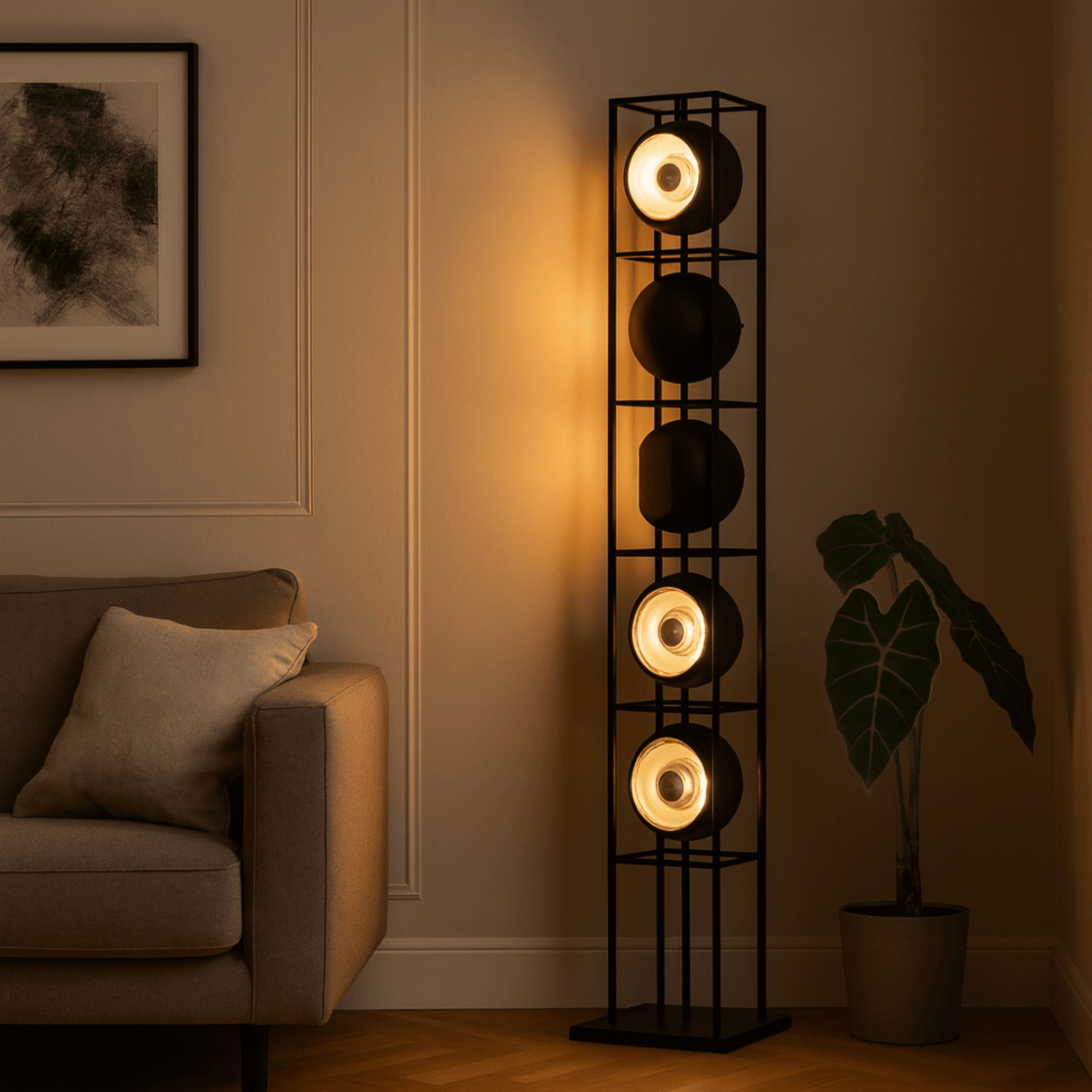 Tall floor lamp with multiple light fixtures in a living room setting.