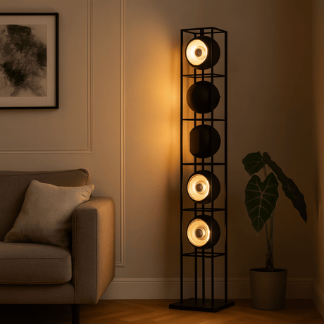 Tall floor lamp with multiple light fixtures in a living room setting.