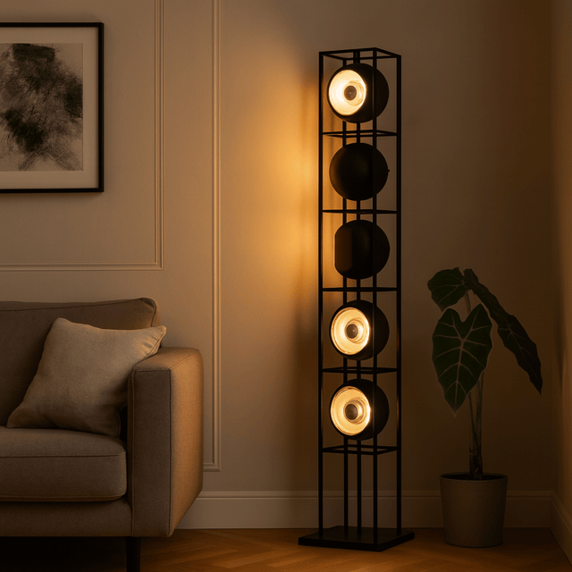 Tall floor lamp with multiple light fixtures in a living room setting.