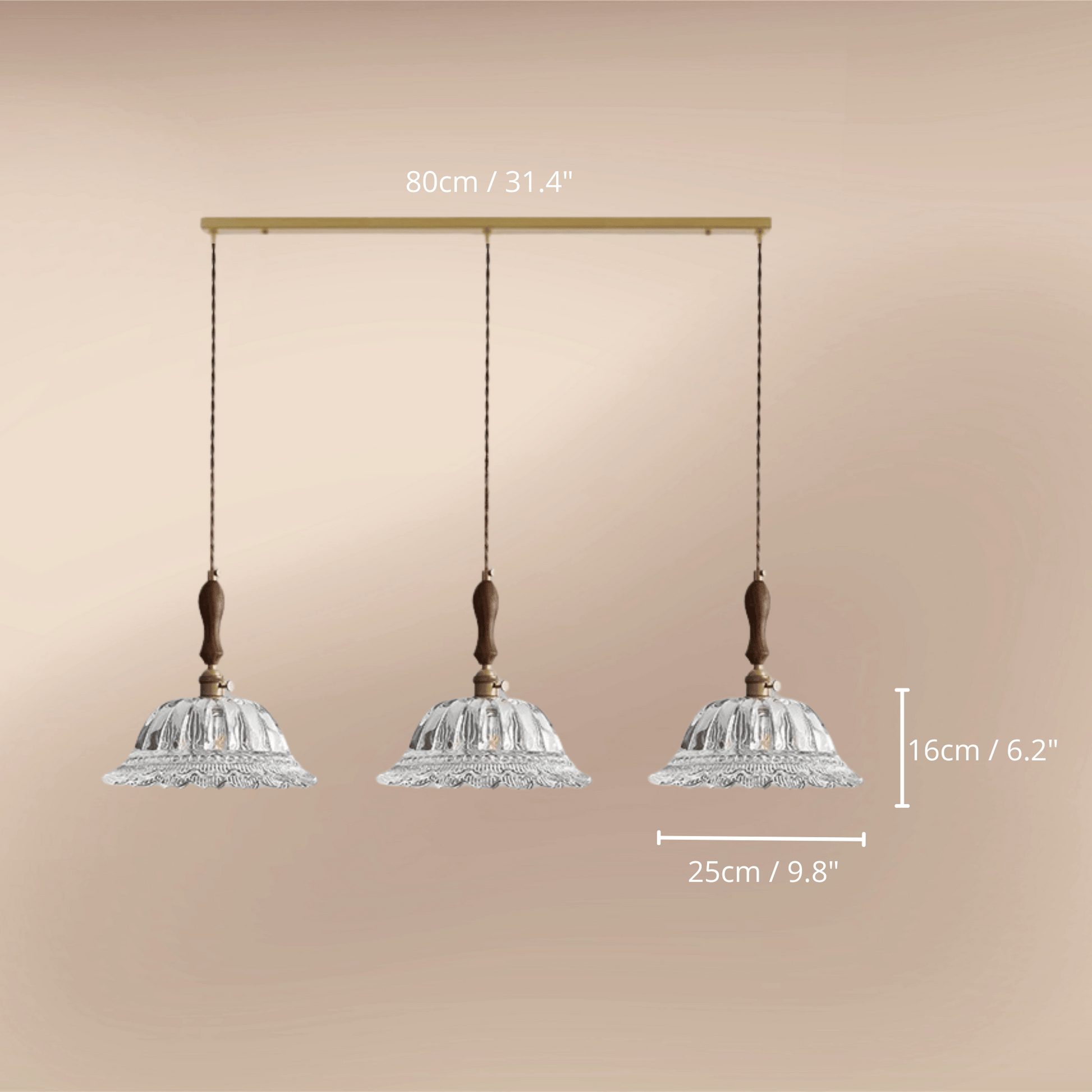 Elegant Walnut and Brass Pendant Light – LED Kitchen Pendant Lighting for Dining and Island, Adjustable Height Hanging Lamp 3 dimensions.