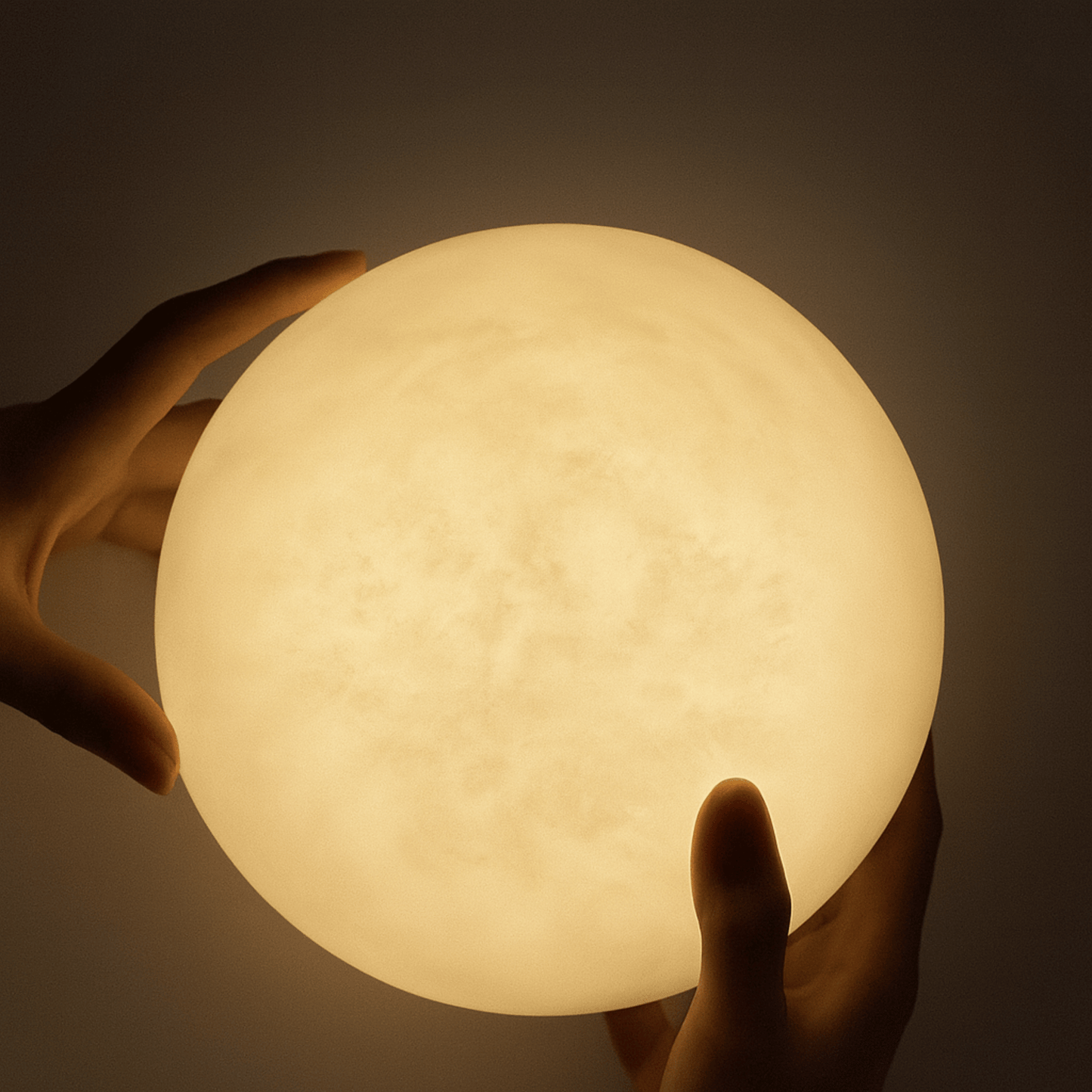 Hand holding a glowing spherical object against a dark background