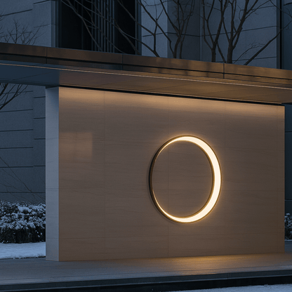 Modern outdoor light fixture on a building exterior at night