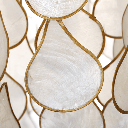Close-up of decorative glass panels with gold frames and white centers.