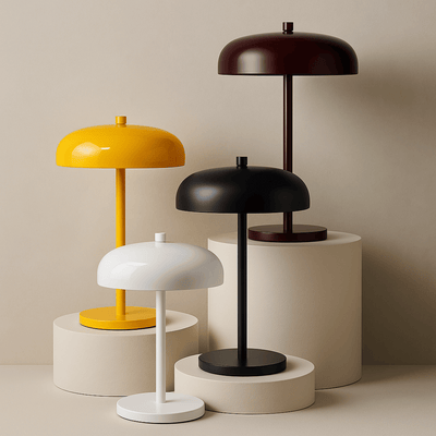 Yellow, Black, White and Red Rechargeable table lamps on display with beige backround