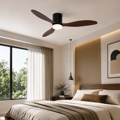 Modern bedroom with ceiling fan, bed, and large window