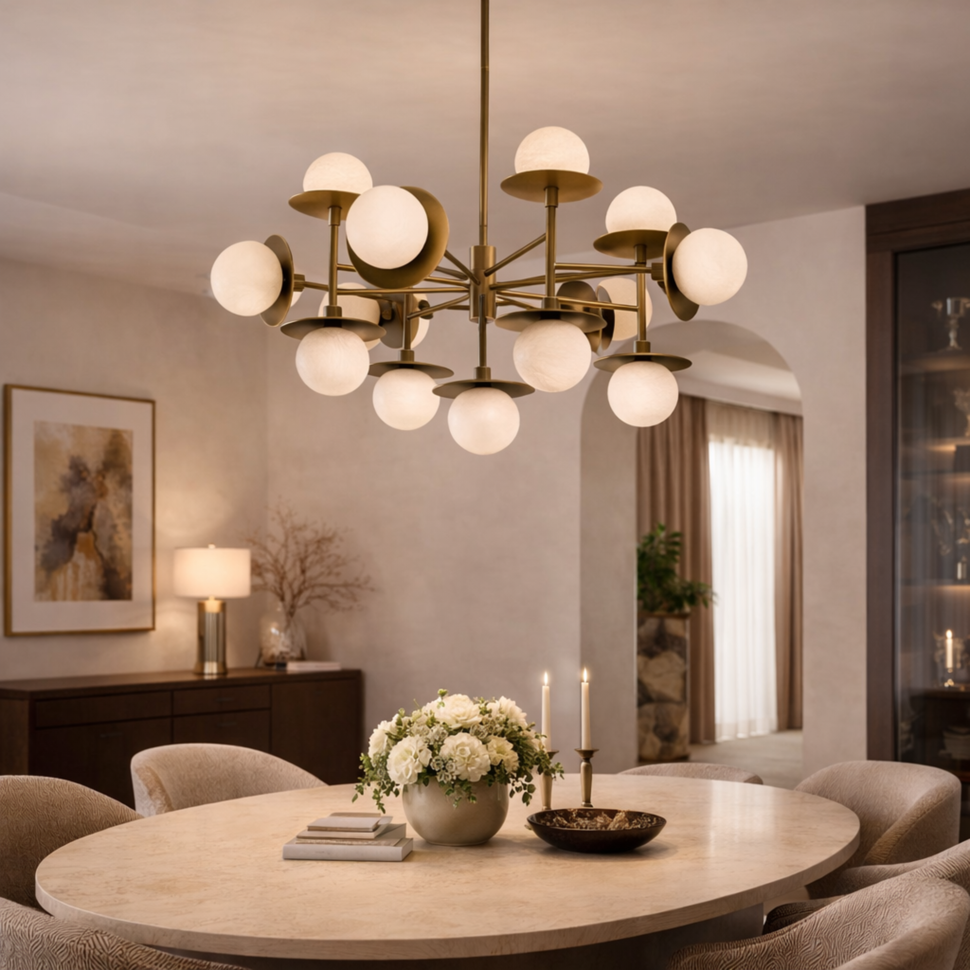 Modern chandelier hanging above a dining table with decor in a stylish room.