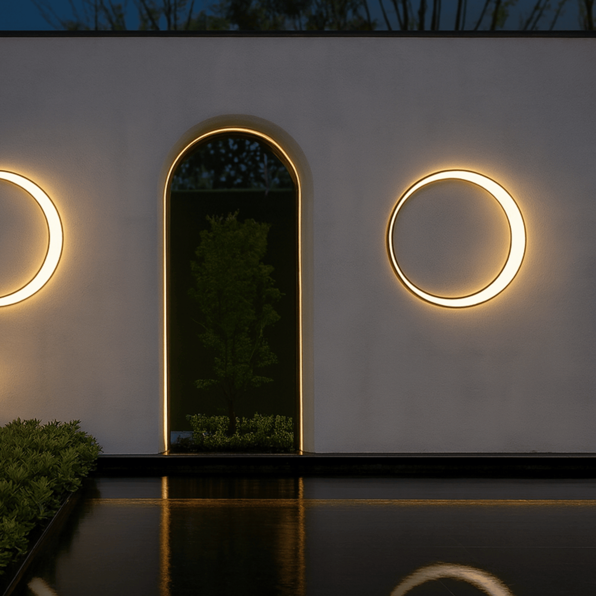 Modern outdoor wall lights on a white wall with a mirror.