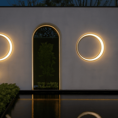 Modern outdoor wall lights on a white wall with a mirror.