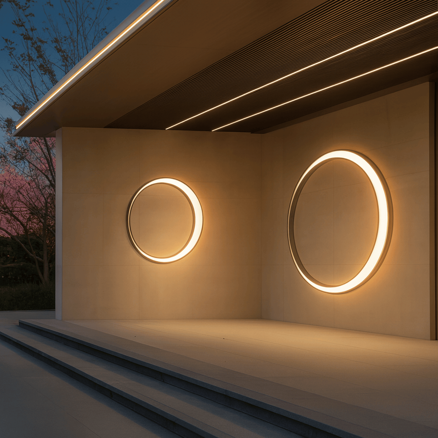 Two circular wall lights on a modern building exterior at night.