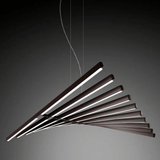 Modern pendant light with multiple horizontal bars on a dark background