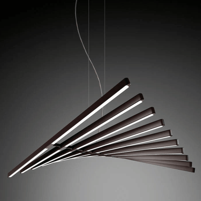 Modern pendant light with multiple horizontal bars on a dark background