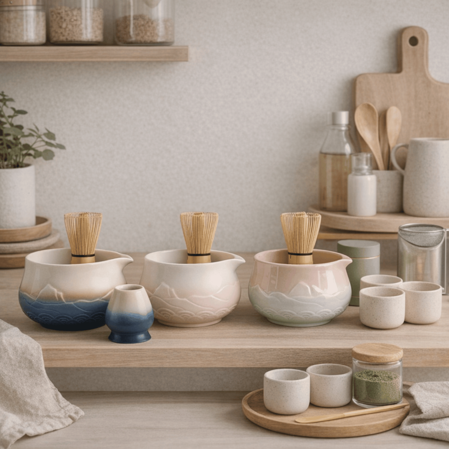 Set of ceramic bowls and cups on a wooden surface with a neutral background
