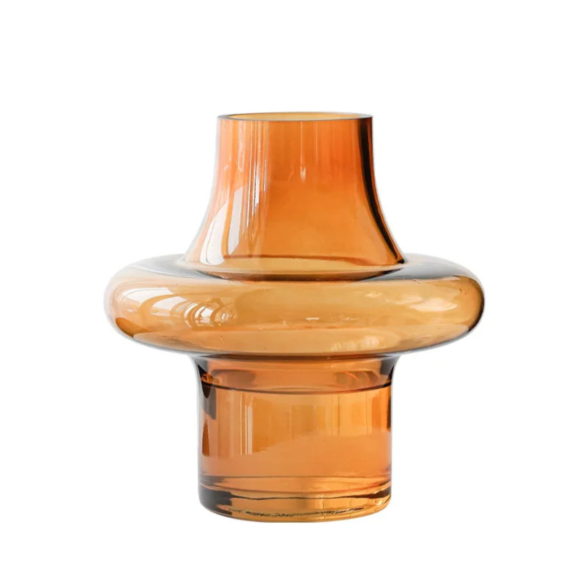 Amber glass vase with a wide, rounded middle section, a narrow neck, and a cylindrical base, displayed on a white background.
