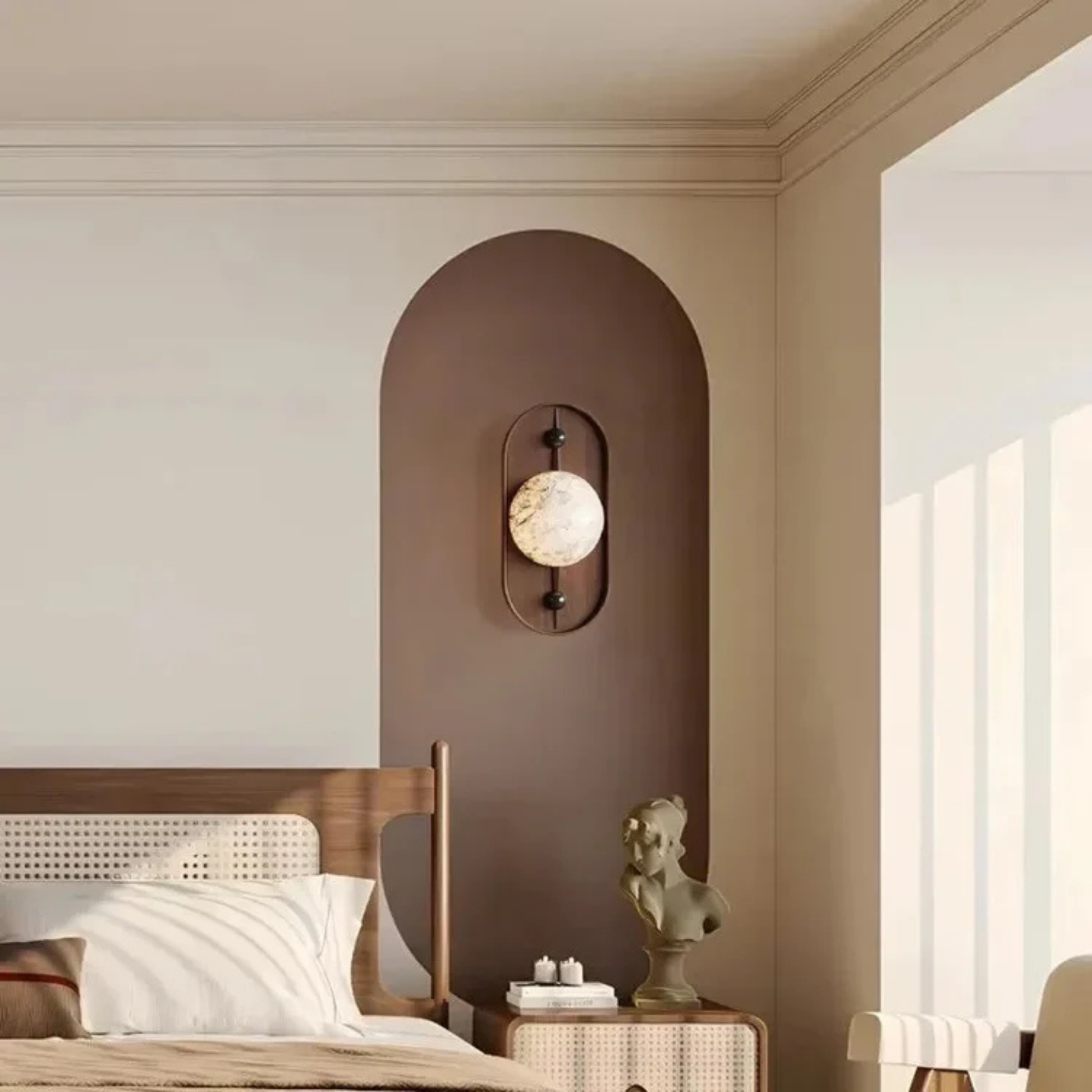 Modern bedroom decor featuring a wooden wall lamp with soft marble glow.