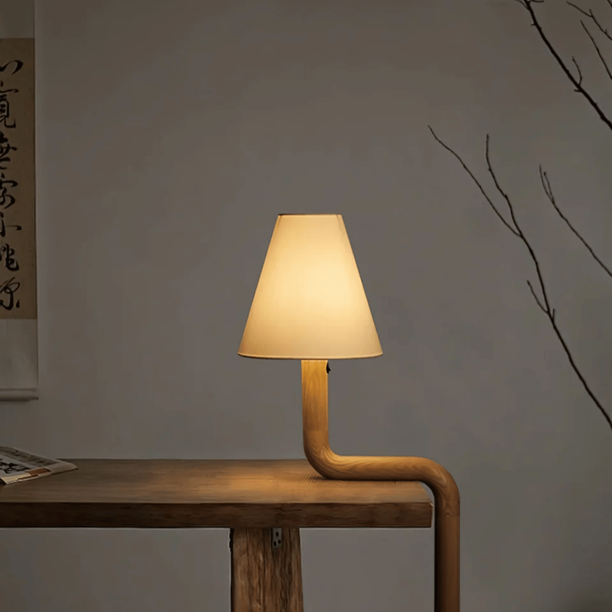 Table lamp with a unique design on a wooden table against a plain wall.
