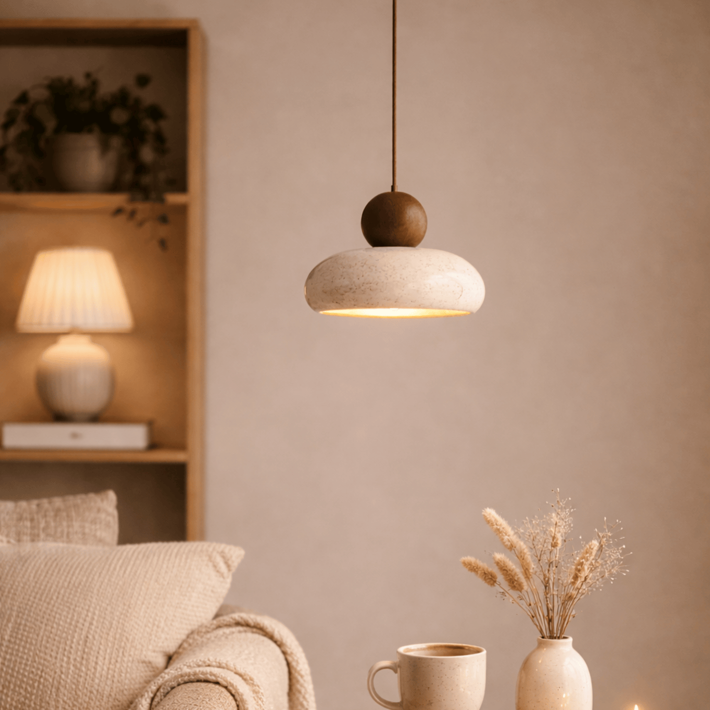 Modern pendant light in a cozy living room setting with a neutral color palette.