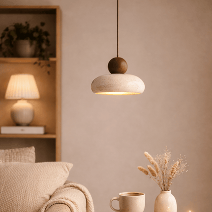 Modern pendant light in a cozy living room setting with a neutral color palette.