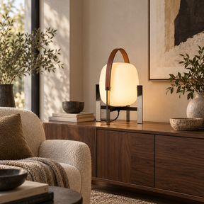 A modern table lamp with a glowing frosted oval shade, a brown leather handle, and a black metal base with clear side panels, placed on a wooden console in a styled living room.
